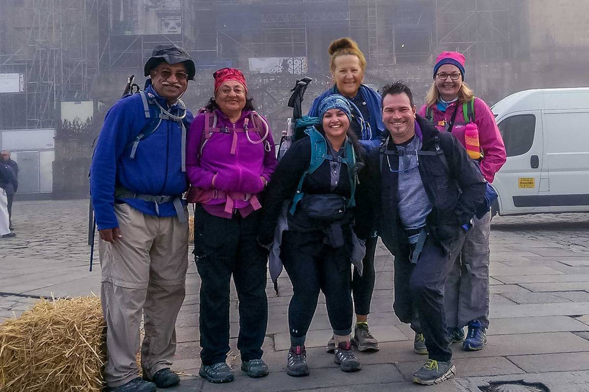 Me, Sue, Anvi, Amul and Parul outside the Santiago Cathedral at the end of our Camino