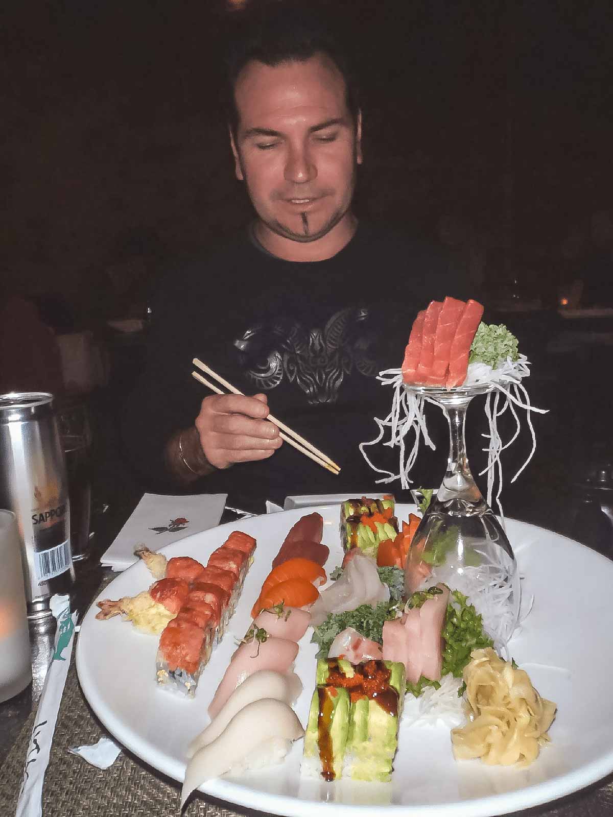 Brad eating a Japanese feast in Brooklyn