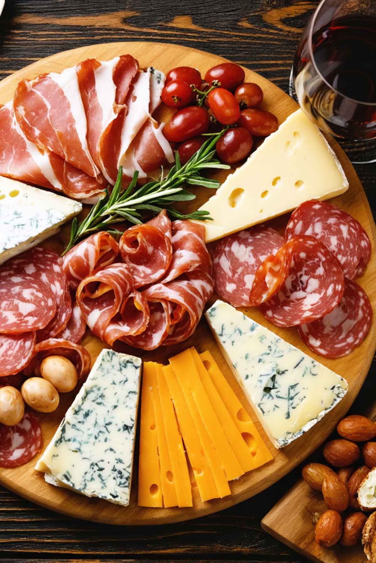Charcuterie_Board_Lunch A round charcuterie board with a variety of meats and cheeses
