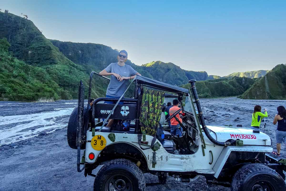 Jake in the jeep heading up to the hiking trail at Mount Pinatubo
