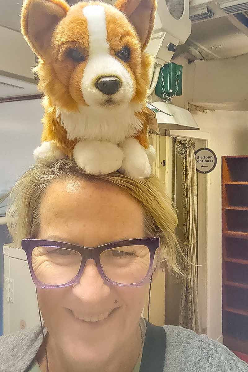 Jen_Royal_Yacht_Britannia Me having fun with the corgis on the Royal Yacht Britannia