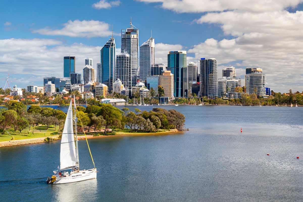 A yacht sailing on the Swan River in Perth, Western Australia's capital