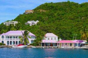 The coloured buildings of Sopa Harbour in the British Virgin Islands