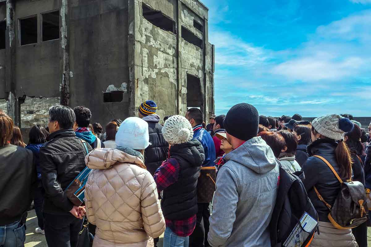 Tourists visiting Battleship Island Nagasaki