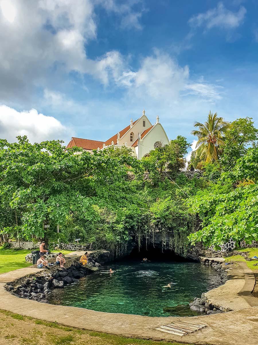 Piula Cave Pool - with the church in the background.