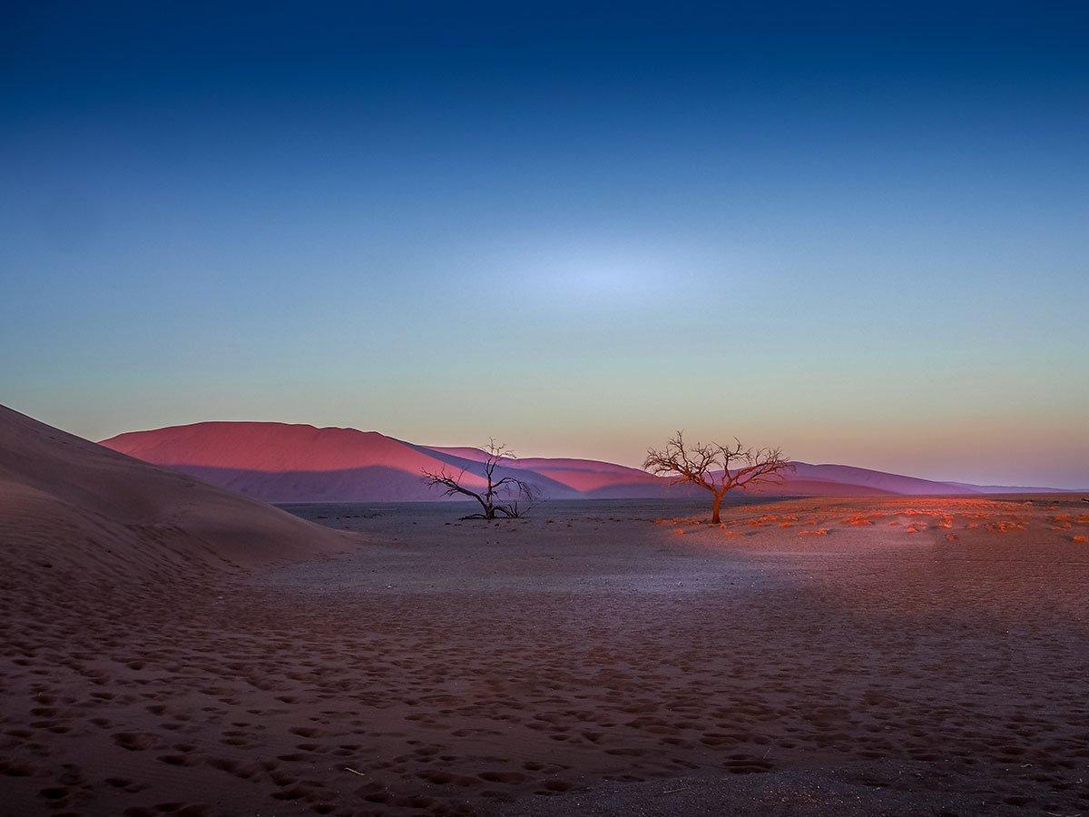 Dawn over the back of the sand dunes at Dune 45 Sossusvlei Namibia