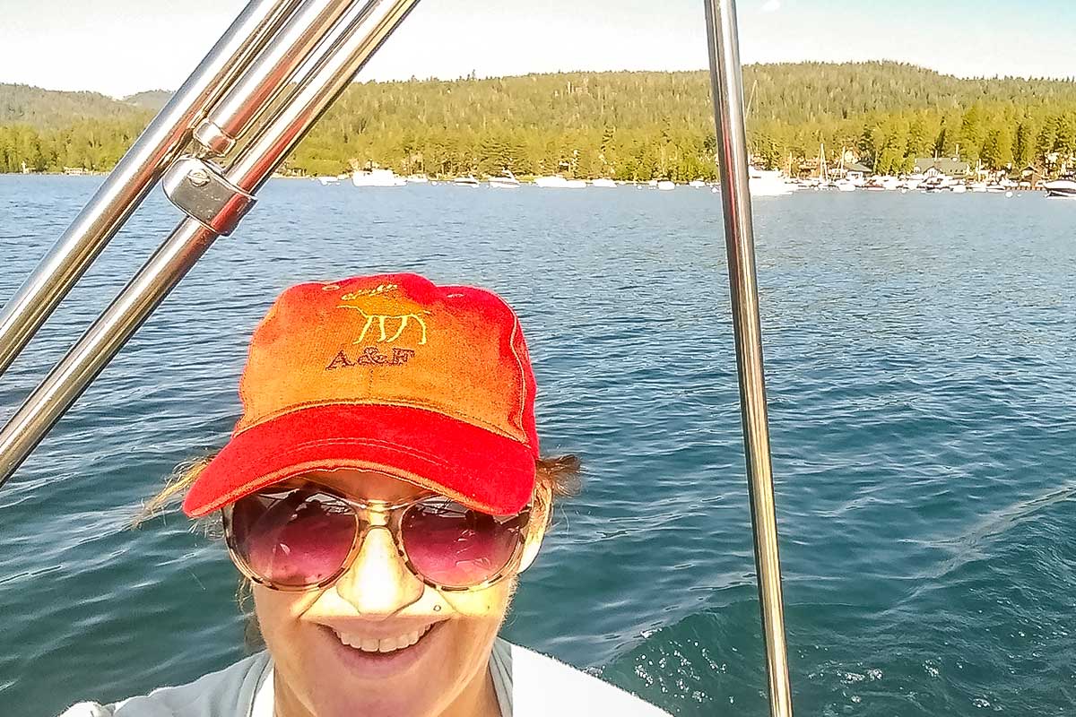 Me on our hire boat on Lake Tahoe