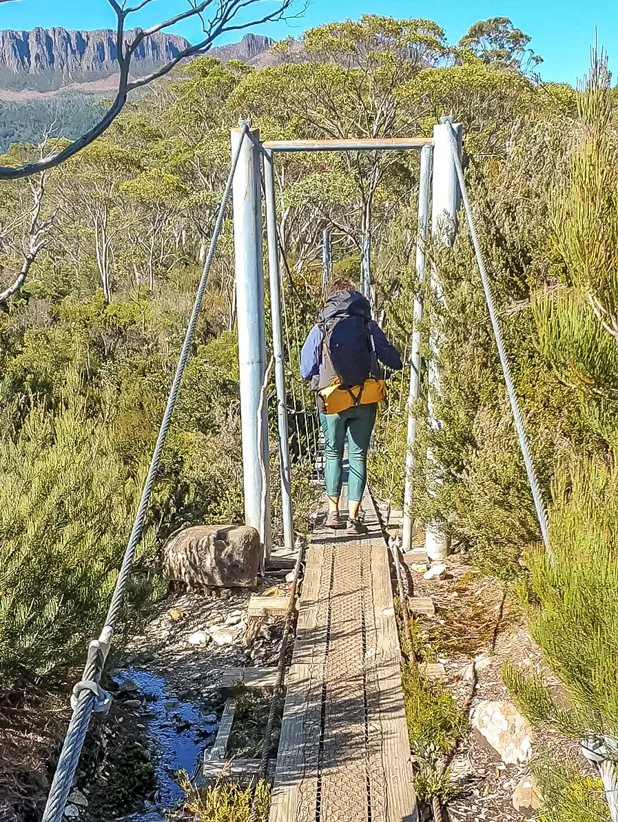 Crossing the swing bridge on the Overland Track