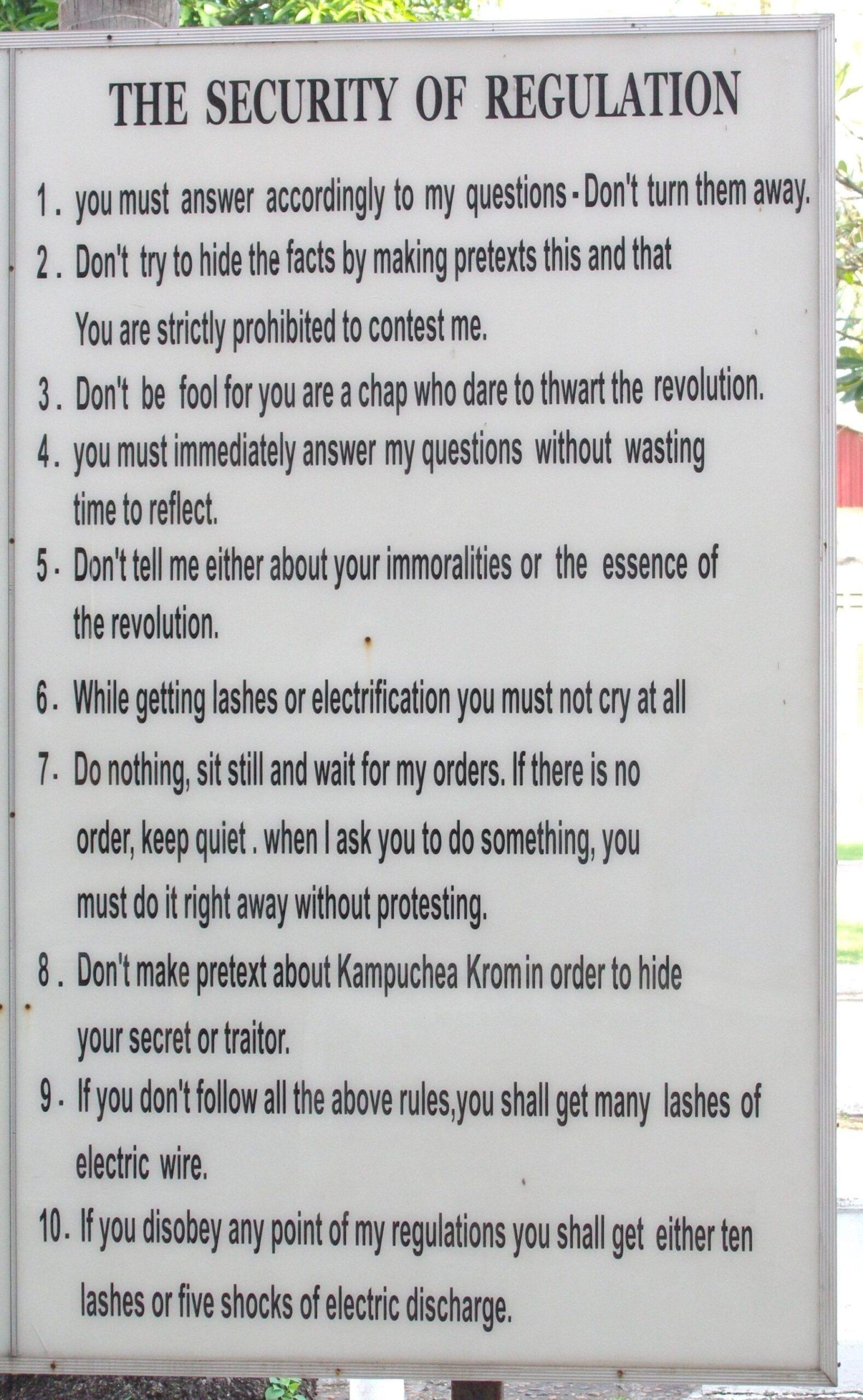 The rules board at the entrance to the Genocide Museum
