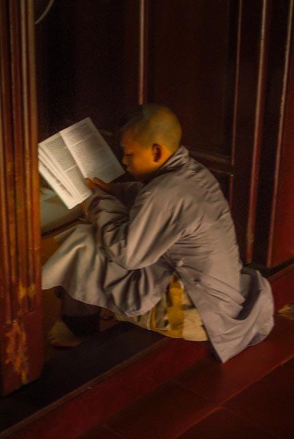 Young monk doing his reading in a temple in Hue, Vietnam