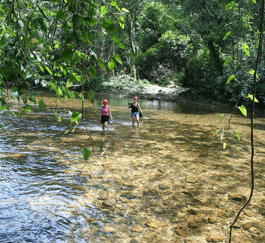 Wading through a river on the hike into Actun Tunichil Muknal, ATM Cave in Belize