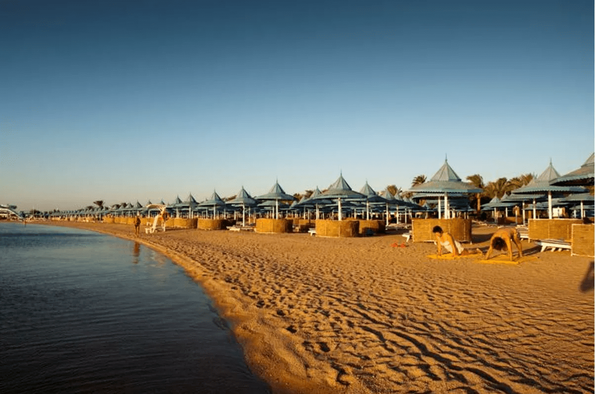 Beach huts on the shore at Hurghada on the Red Sea Egypt