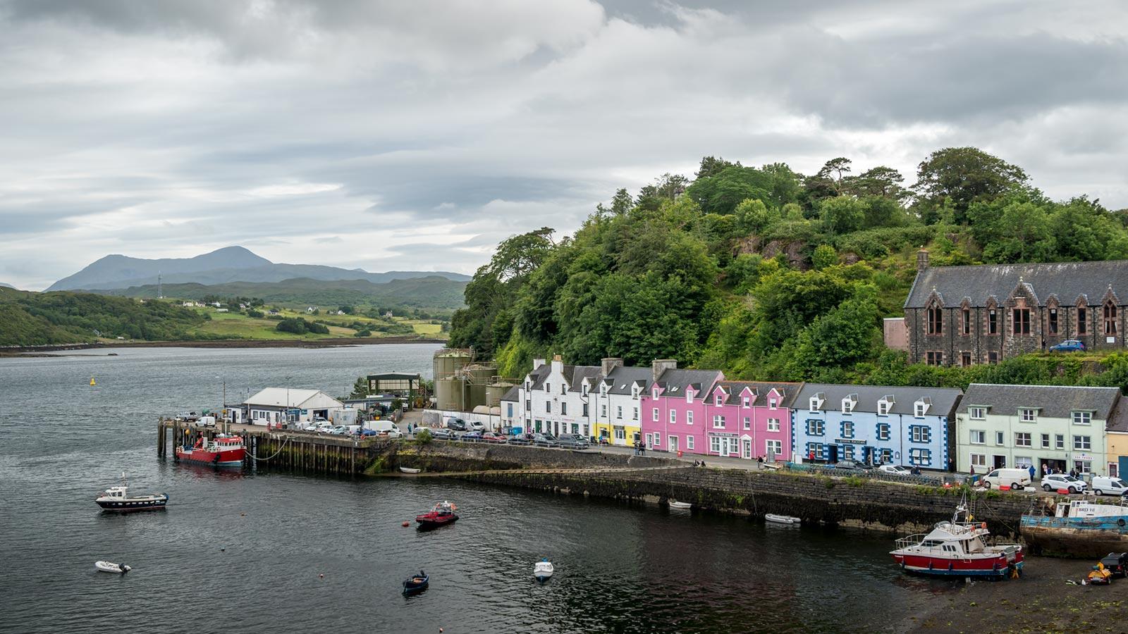 The coloured houses of Portree from the viewpoint.